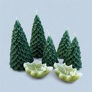 Crate&Barrel Green Christmas Tree Candles and Holly Berry Leaf Candles